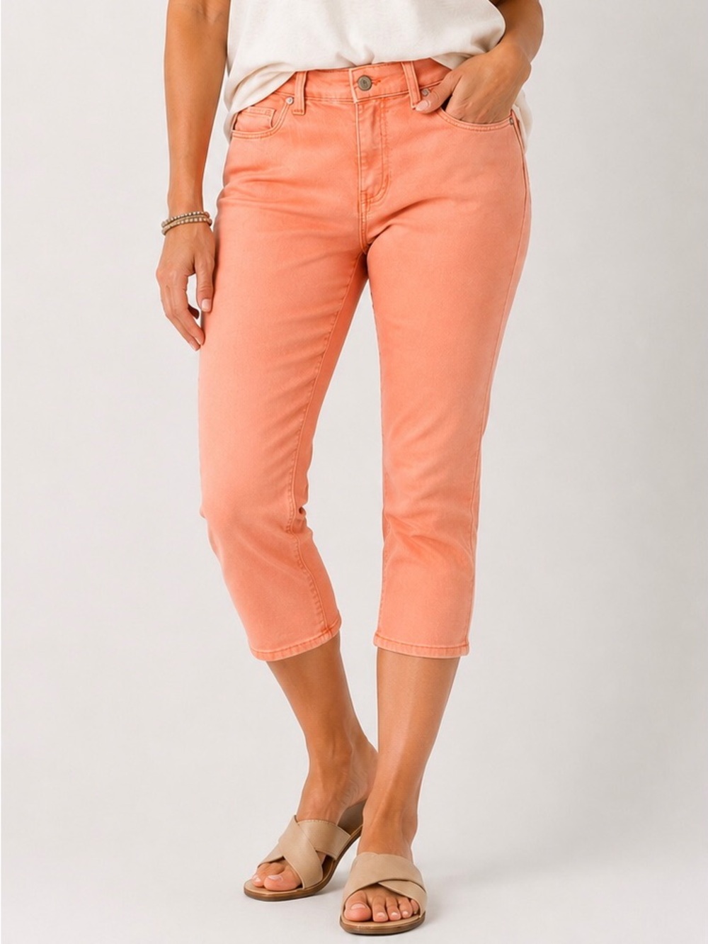 Talbots 6P Straight Crop Curvy Jeans Mid Rise Salmon Light Coral Pink Color